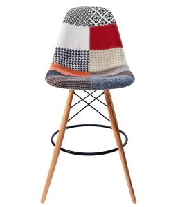 Replica Eames DSW Bar / Kitchen Stool | Multicoloured Patches Fabric Seat | Natural Wood Legs