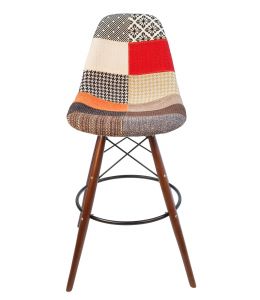 Replica Eames DSW Bar / Kitchen Stool | Multicoloured Patches Fabric Seat | Walnut Legs